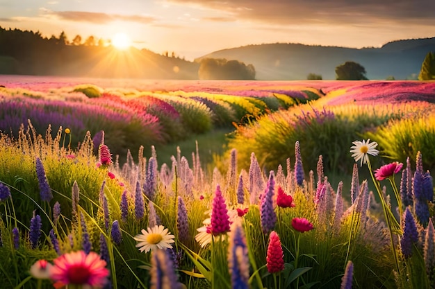 La puesta de sol en un campo de flores