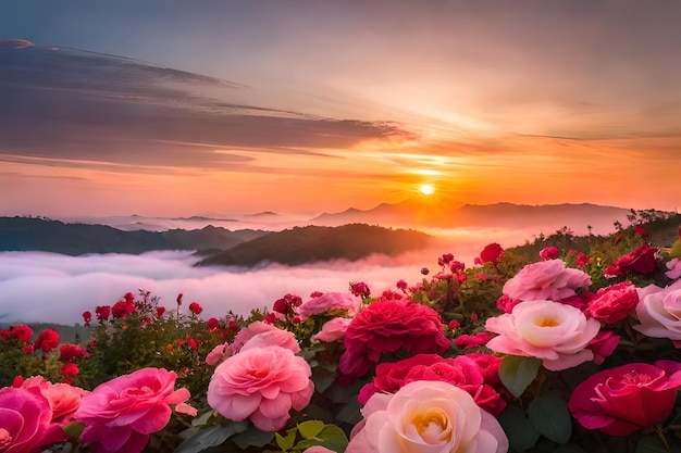 Una puesta de sol con un campo de rosas en primer plano y una puesta de sol al fondo.