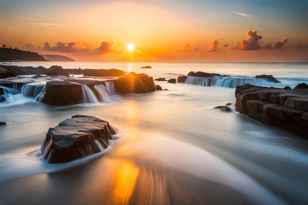 una puesta de sol con una cascada en primer plano