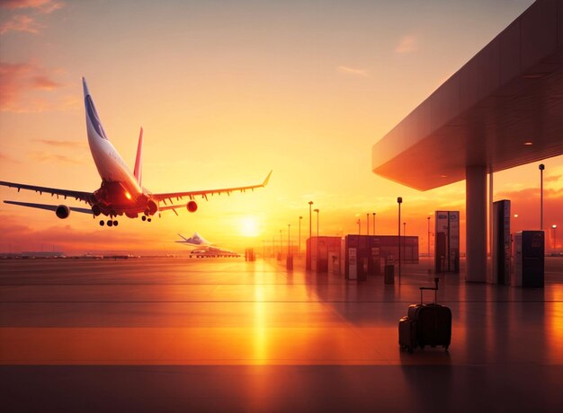 La puesta de sol en el cielo de un aeropuerto moderno