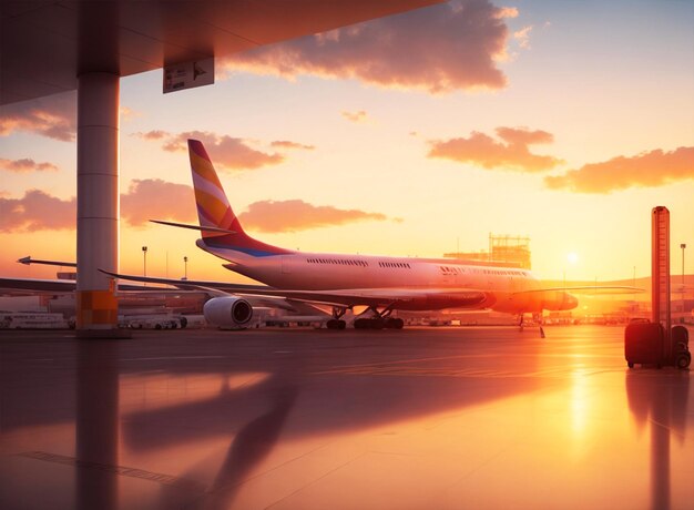 La puesta de sol en el cielo de un aeropuerto moderno