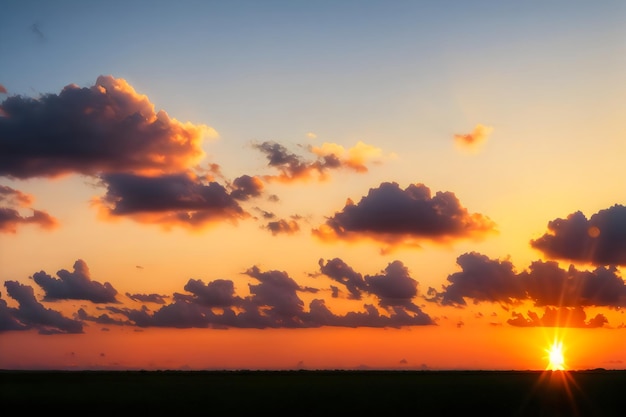 Una puesta de sol con un cielo azul y nubes.