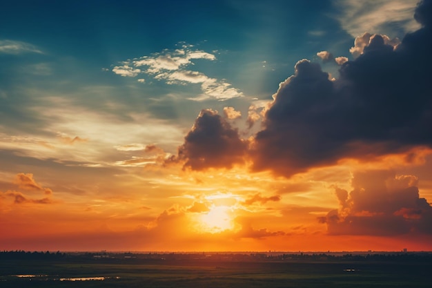 Una puesta de sol con un cielo azul y nubes.