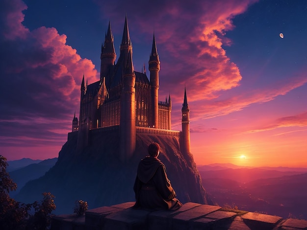 La puesta de sol en el cielo del castillo de Hogwarts hombre sentado solo en el jardín del castillo nubes de colores