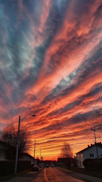 Una puesta de sol con un cielo rojo y una farola