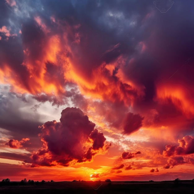 Una puesta de sol con un cielo rojo y una nube.