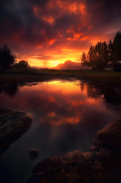 Una puesta de sol con un cielo rojo y nubes de fondo