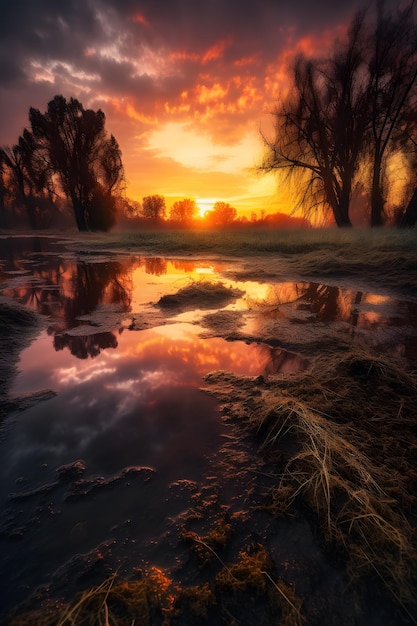 Una puesta de sol con un cielo rojo y nubes.