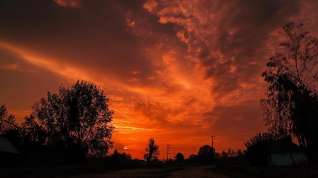 Una puesta de sol con un cielo rojo y nubes.