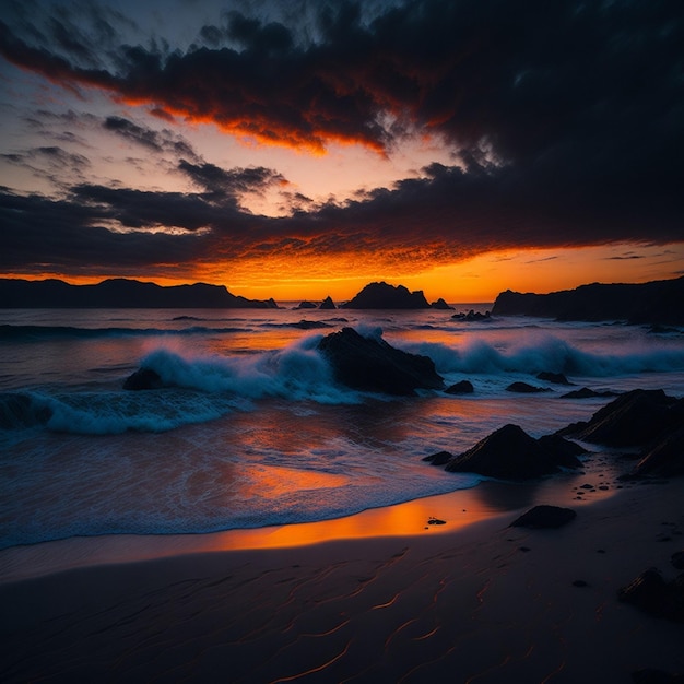 Una puesta de sol con un cielo rojo y una ola rompiendo en la playa