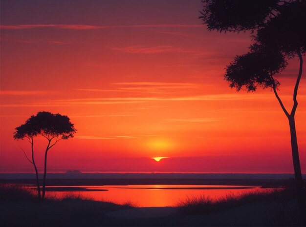 una puesta de sol con un cielo rojo y el sol poniéndose sobre el agua