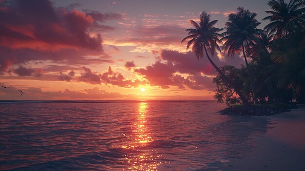 La puesta de sol cinematográfica en una isla tropical