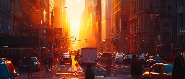 Una puesta de sol en una ciudad bulliciosa que se centra en los contrastos armoniosos