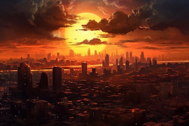 puesta de sol en la ciudad puesta de sol sobre el río puesta de sol encima de la ciudad IA generativa