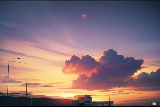 Una puesta de sol con un cohete en el cielo.