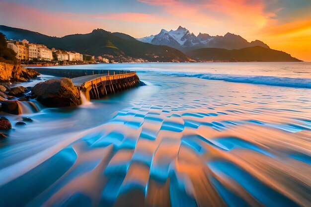 Foto una puesta de sol colorida con montañas y una ciudad en el fondo