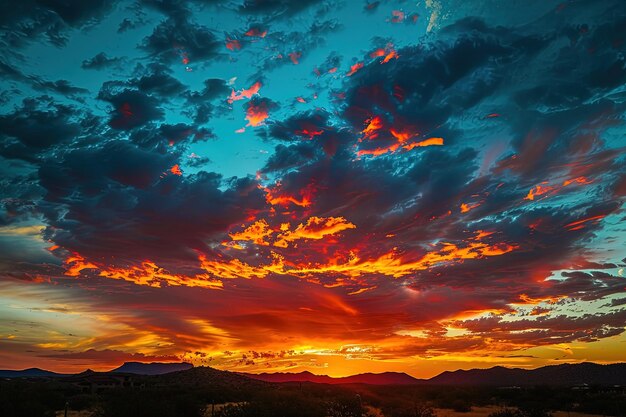 Foto una puesta de sol colorida con nubes y montañas en el fondo