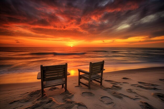 Foto una puesta de sol colorida en una playa del caribe con nubes dos sillas de playa en la playa