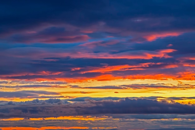 Puesta del sol colorida poco realista en las nubes exuberantes en Islandia