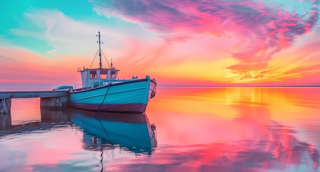 una puesta de sol colorida sobre el agua en un barco atracado