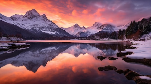 una puesta de sol colorida sobre un lago con montañas en el fondo