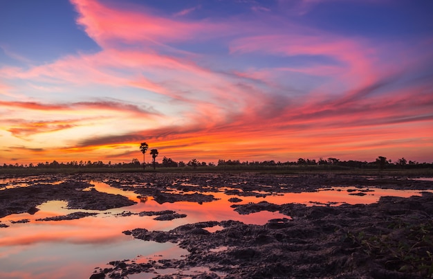 Puesta del sol colorida sobre la nube y el cielo crepusculares, campo dramático colorido Tailandia del cielo.