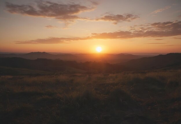 una puesta de sol con una cordillera en el fondo