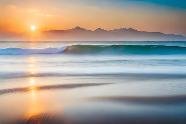 una puesta de sol con una cordillera en el fondo