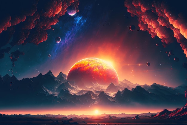 Puesta del sol cósmica profunda con planetas encantadores