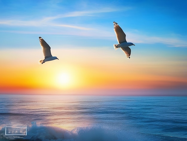 La puesta de sol en la costa La gaviota volando sobre el mar azul