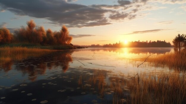 puesta de sol en la costa del lago Paisaje natural IA generativa