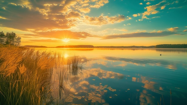 puesta de sol en la costa del lago Paisaje natural Naturaleza en el norte de Europa Generativo Ai