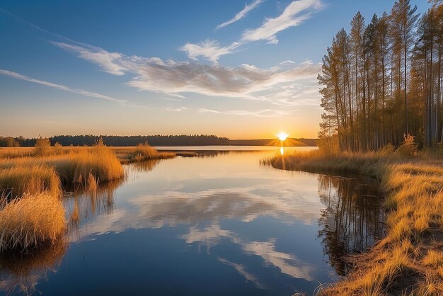 puesta de sol en la costa del lago paisaje natural naturaleza en el norte de Europa reflejo cielo azul y amarillo luz solar paisaje durante la puesta de sol