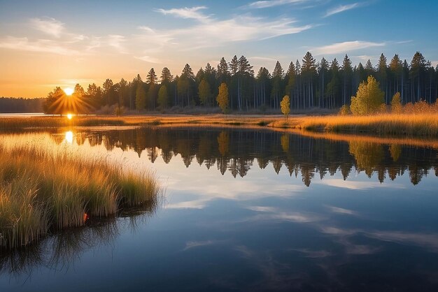 puesta de sol en la costa del lago paisaje natural naturaleza en el norte de Europa reflejo cielo azul y amarillo luz solar paisaje durante la puesta de sol