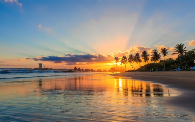 La puesta de sol en la costa con siluetas de palmeras