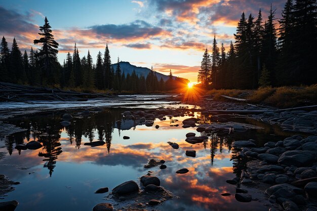 La puesta de sol en la curva del río