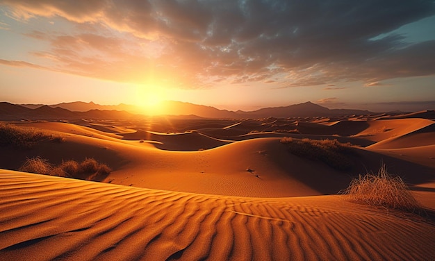 Una puesta de sol en el desierto con un cielo dorado y montañas al fondo