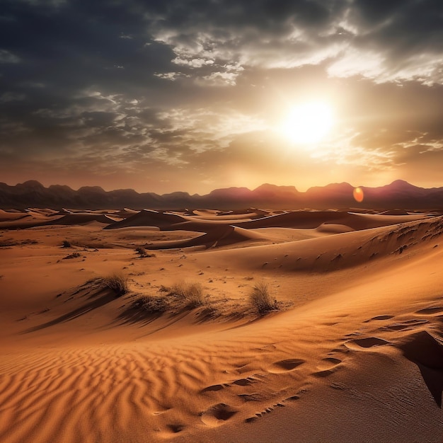 Una puesta de sol en el desierto con un cielo nublado