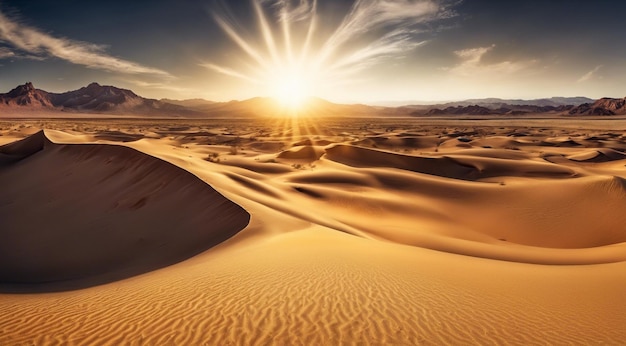 Foto puesta de sol en el desierto escena panorámica del desierto arena en el paisaje del desierto