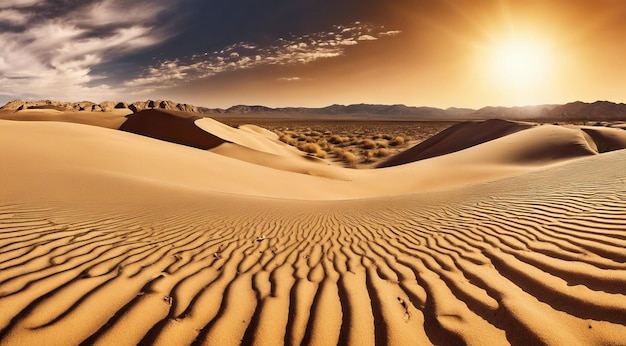 Foto puesta de sol en el desierto escena panorámica del desierto arena en el paisaje del desierto