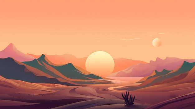 Puesta de sol en el desierto con montañas y árboles Ilustración vectorial