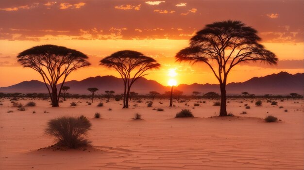 La puesta de sol en el desierto de Namibia, África