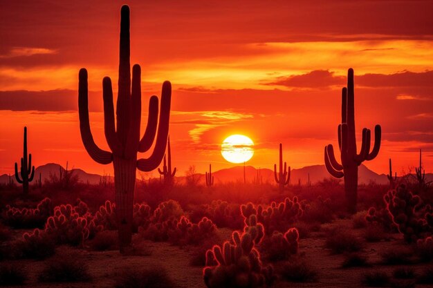 La puesta de sol en el desierto con silueta de cactus