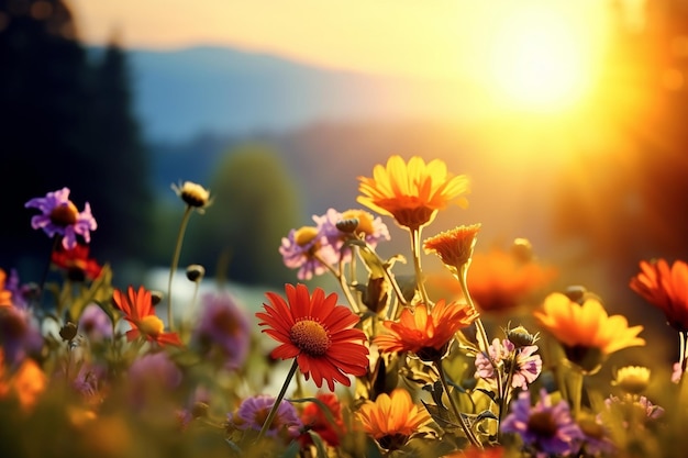 La puesta de sol detrás de un campo de flores