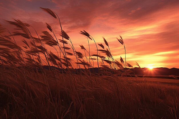 La puesta de sol detrás de un campo de hierba soplada por el viento