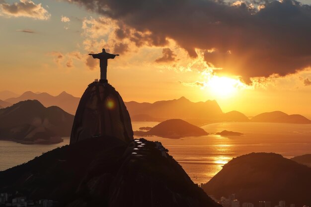 La puesta de sol detrás de Cristo el Redentor vista aérea de Río de Cristo y la montaña del pan de azúcar al atardecer generada por Ai