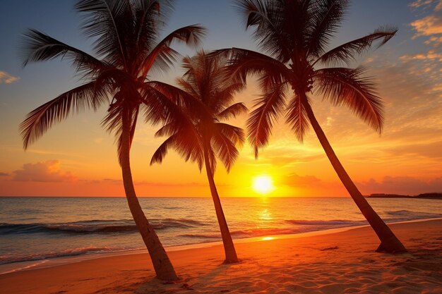 La puesta de sol detrás de una fila de palmeras en una playa tropical