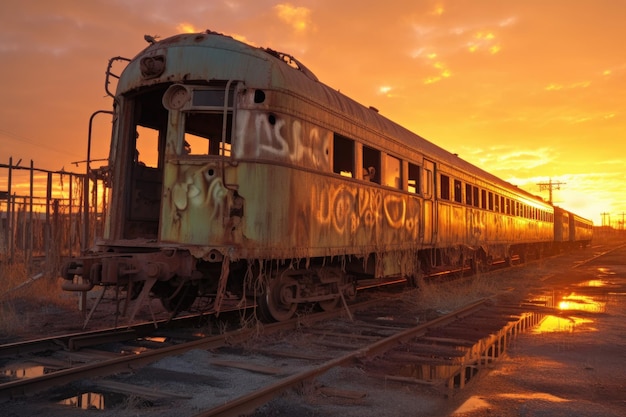 La puesta de sol detrás de la línea de vagones de tren en descomposición creados con IA generativa