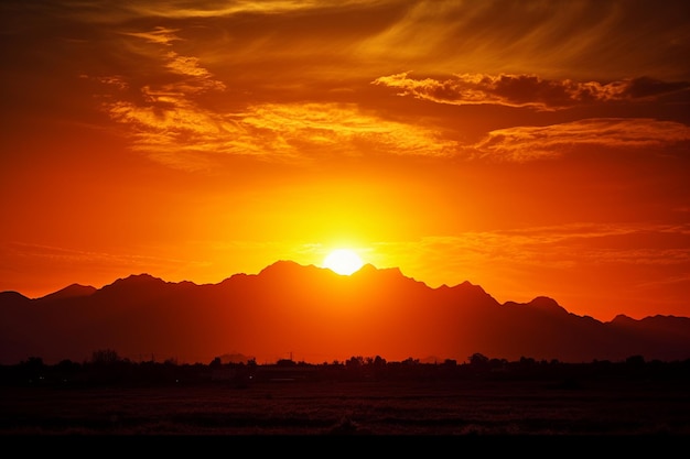 La puesta de sol detrás de la silueta de una cresta de la montaña