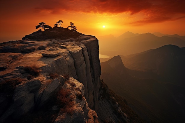 La puesta de sol detrás de la silueta de una cresta de la montaña